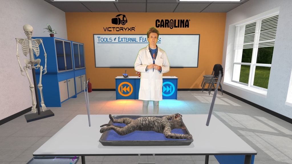 Screenshot of a virtual reality environment showing a person in a white lab coat standing in front of a table with a dead cat on it ready for dissection.