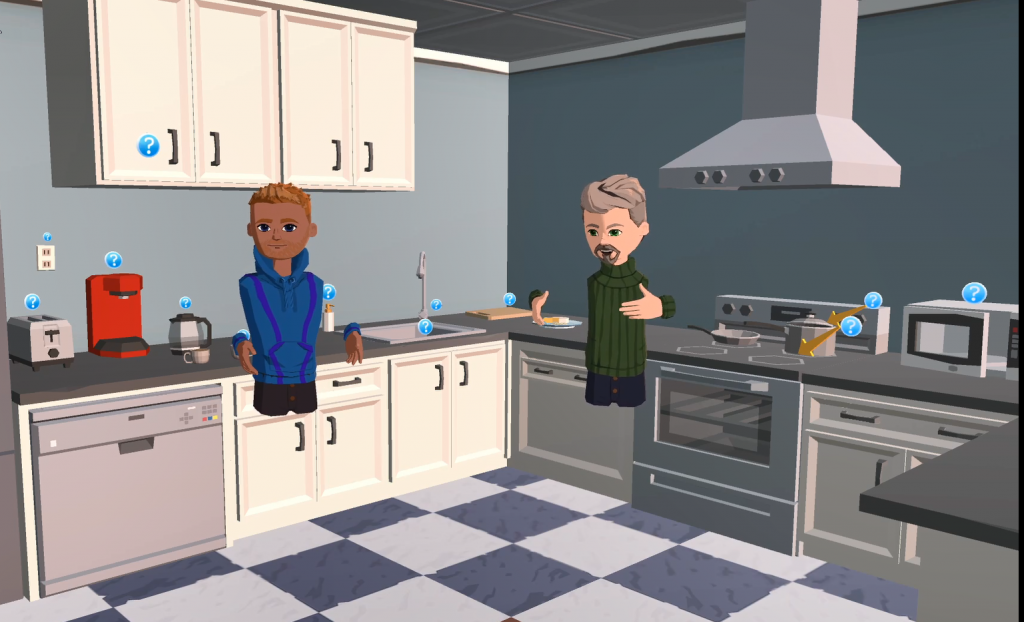 A screenshot of a virtual reality environment, with two avatars standing in a kitchen, which has question marks over each item.