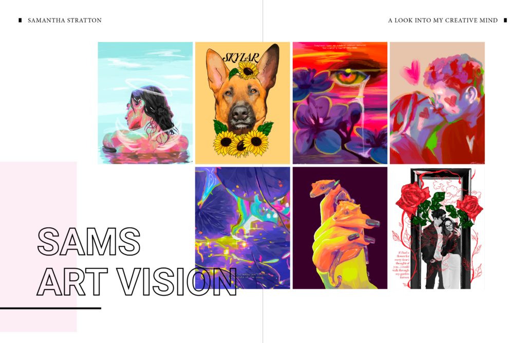 A sample Samantha Stratton's artistic vision and custom illustrations, including a dog with yellow flowers, a close-up of an eye looking at some purple flowers, and a stylized image of a couple kissing.