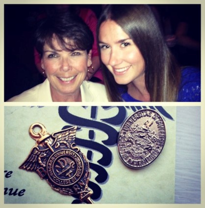 A photo of two people standing together and smiling at the camera, with an image of nursing pins below.