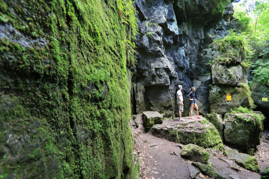 Two people hike near the South Georgian Bay caves
