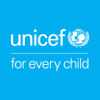A blue box with white text:"unicef for every child" and a graphic of a white globe