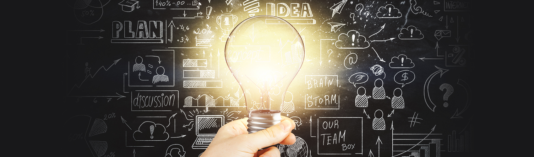 A hand holding a light bulb with a mind map behind it of business related icons