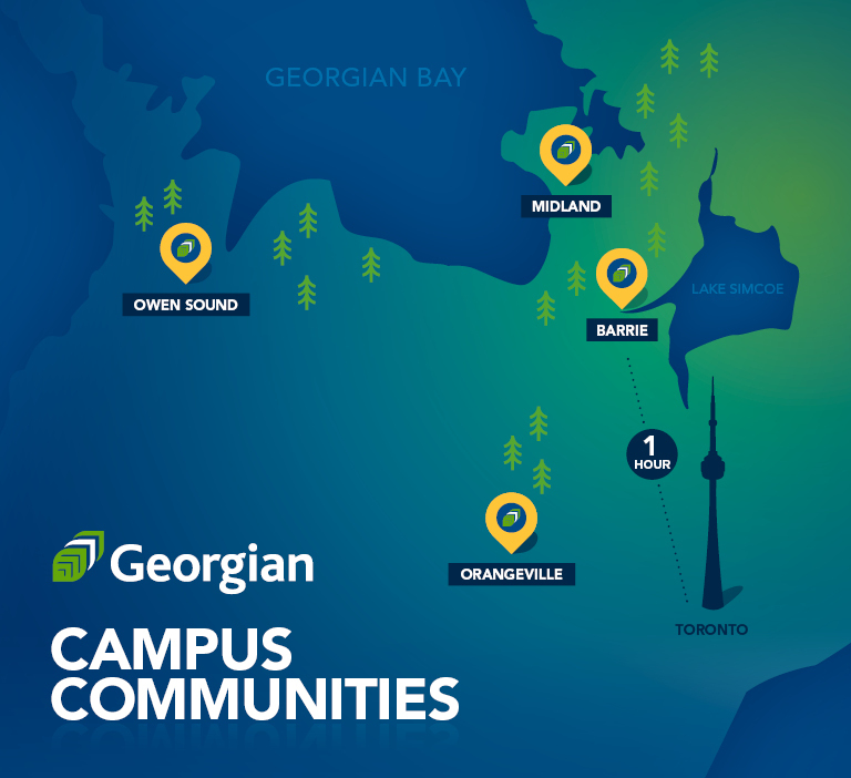 map displaying the location of Georgian's Orangeville, Barrie, Midland and Owen Sound campuses