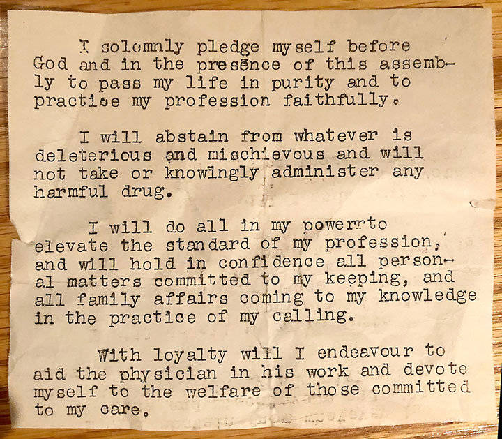 A photograph of a typewritten document (the nurse's pledge)