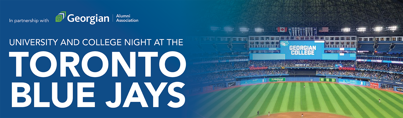 University and college night at the Toronto Blue Jays in partnership with the СŶƵ Alumni Association (logo) image of Rogers Centre baseball field with СŶƵ college displayed on the big screen