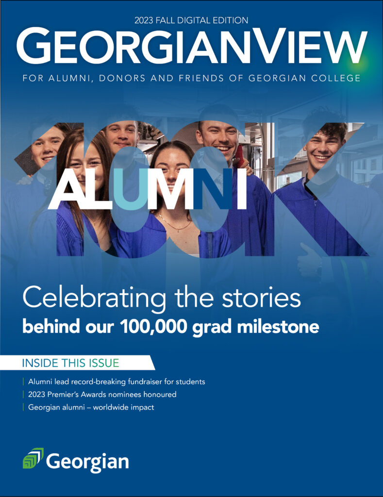 GeorgianView magazine fall 2023 digital edition cover celebrating the stories bhind our 100,000 grad milestone picture of recent graduates
