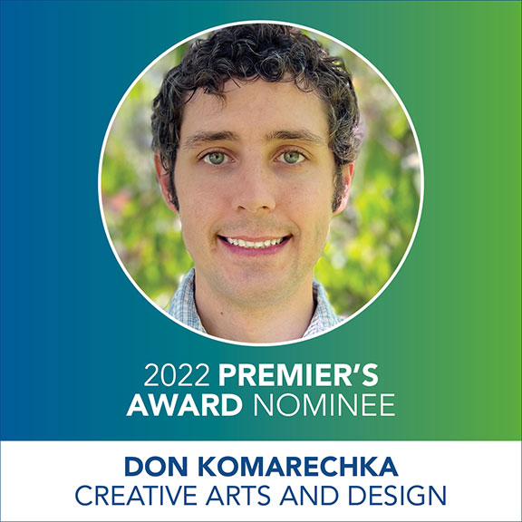 Headshot of a smiling man (Don Komarechka) in a circle with the text 2022 Premier's Award Nominee