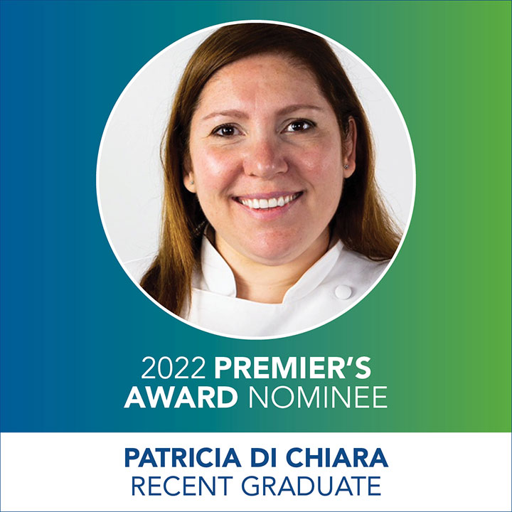 Head shot of a smiling woman (Patricia Di Chiara) in a circle with the text 2022 Premier's Award Nominee