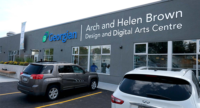 exterior of the Georgian College Arch and Helen Brown Design and Digital Arts Centre located downtown Barrie