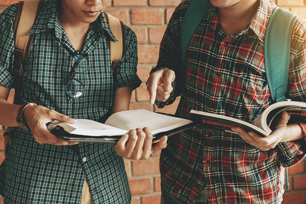 Two student reading book together