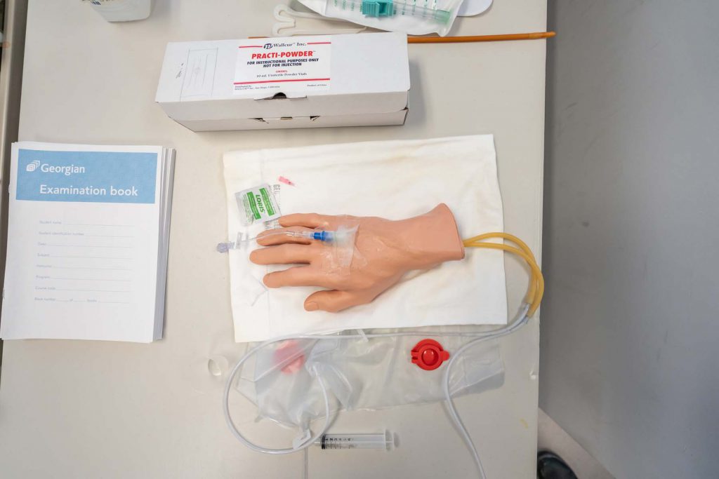 a simulated hand for nursing students to practice with in Georgian College's nursing lab