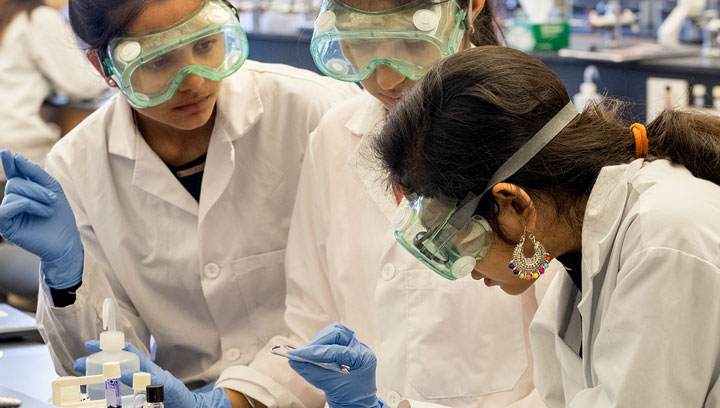 Three students wearing white lab coats, safety goggles and blue latex gloves working with biological samples in a science lab