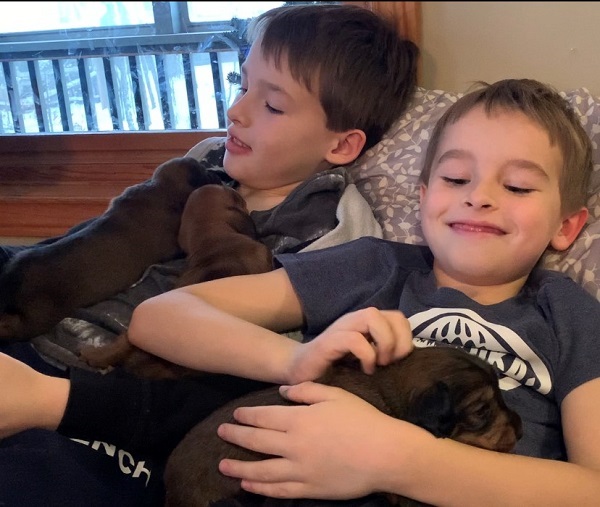 Dave's two kids holding puppies