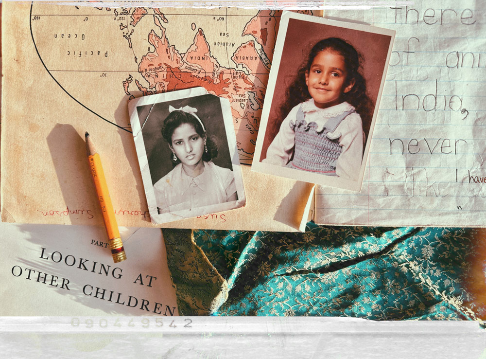 Angela Aujla's Lessons Learned (a collage featuring a map of India, a notebook and pencil, a printed document reading "LOOKING AT OTHER CHILDREN", and a green and gold floral material piece