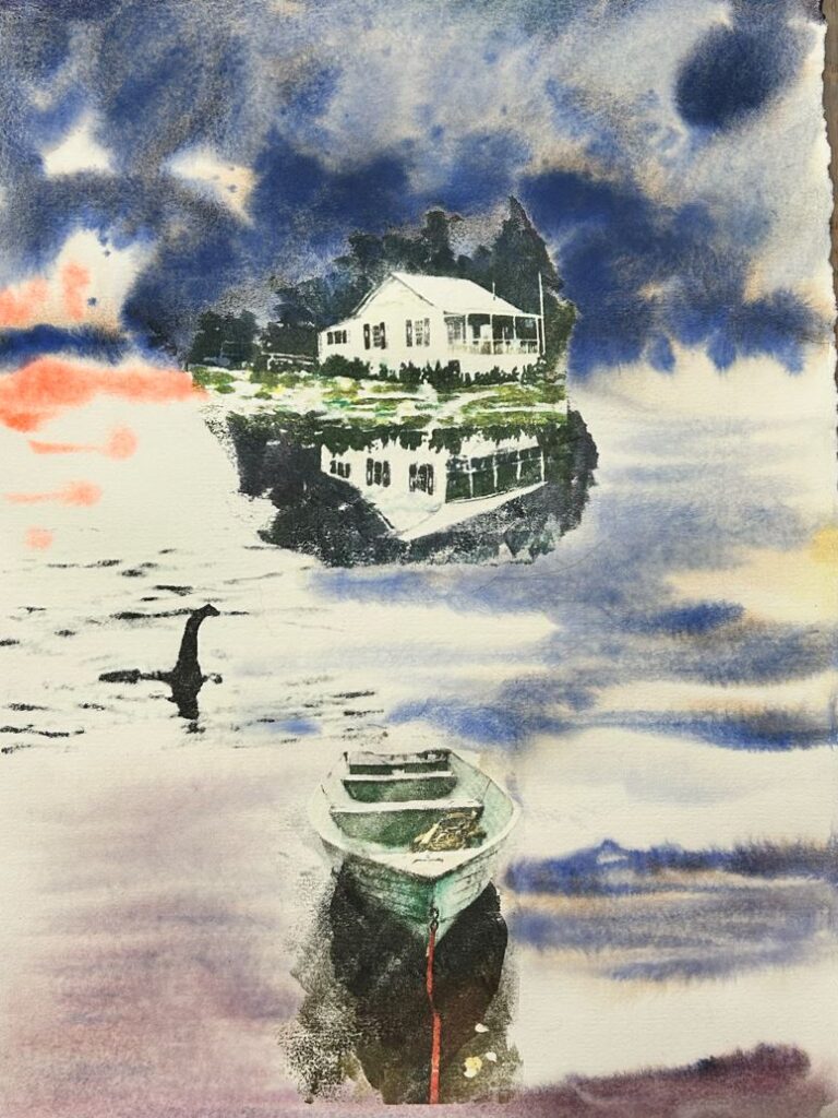 Artwork showing a house, boat on a lake, and a creature swimming through the water.