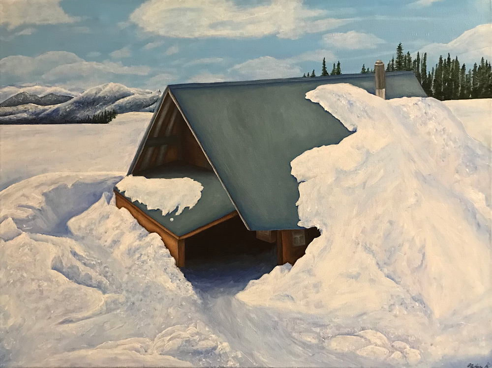 Mackenzie Kruiderink, Winter Cabin, acrylic on canvas, 2022