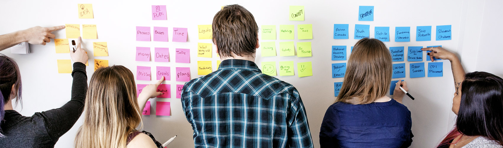 a group of five students writing on sticky notes organized across a wall