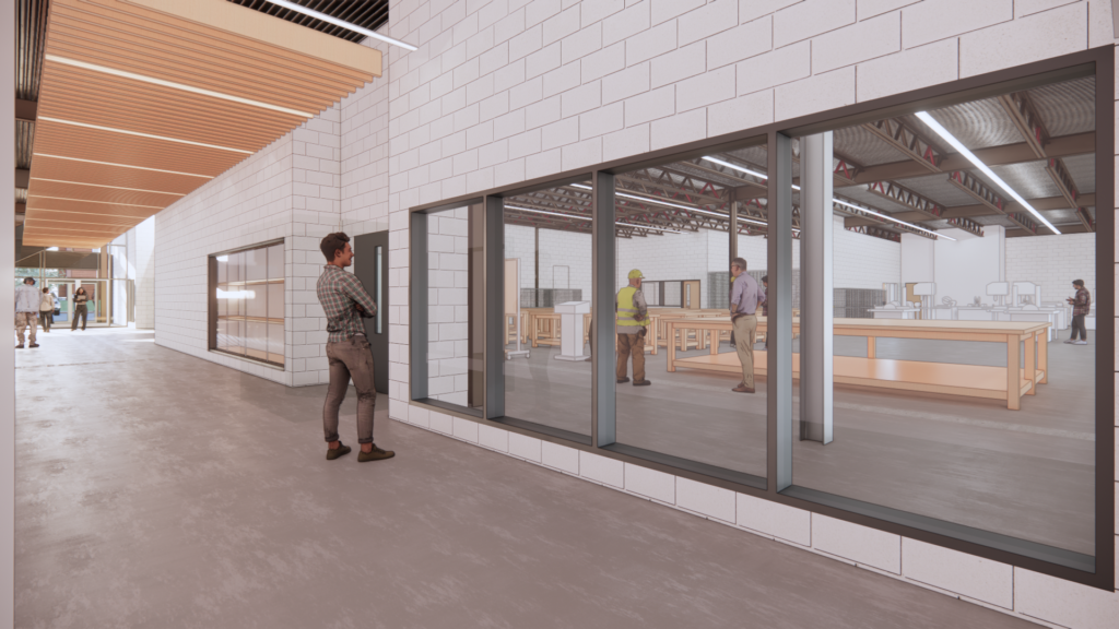 Renderings of Georgian College’s expansion of the Centre for Skilled Trades at the Barrie Campus showcase its modern design, cutting-edge learning spaces and innovative labs