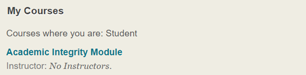 View of course list in Blackboard showing the Academic Integrity module course.