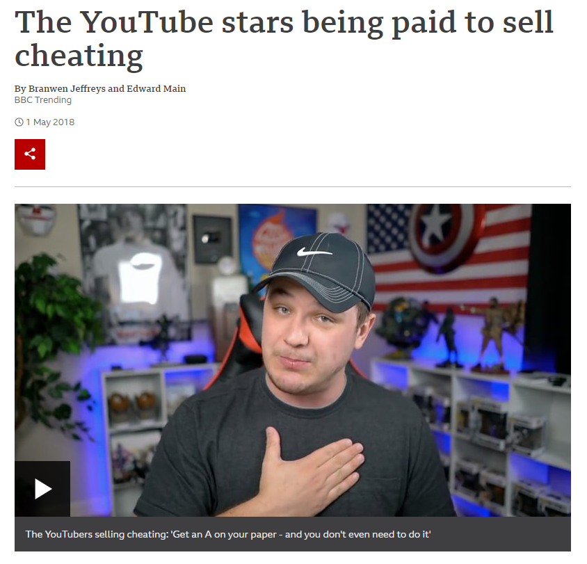YouTube stars paid to sell cheating. BBC report.