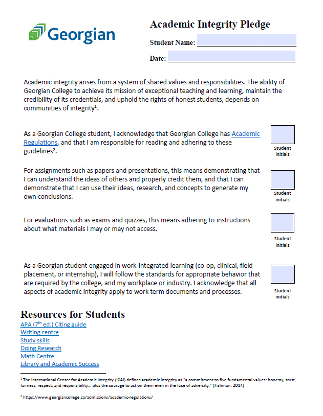 Sample honour pledge. Click to download.