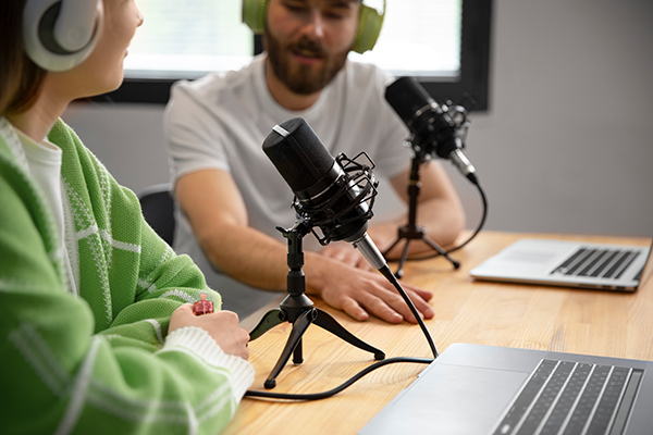 Two young persons recording a podcast together