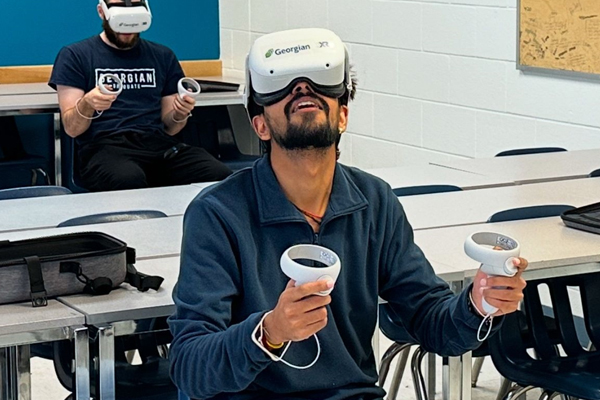 Student using VR headset in classroom