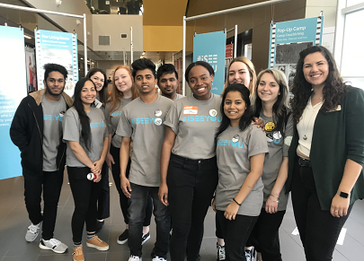Group of students in #iseeyou t-shirts; Georgian changemakers posing on first floor of Peter B. Moore Advanced Technology Centre