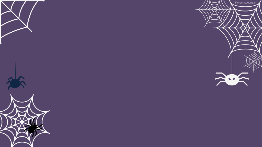 a purple background with spiders and spiderweb cartoons throughout