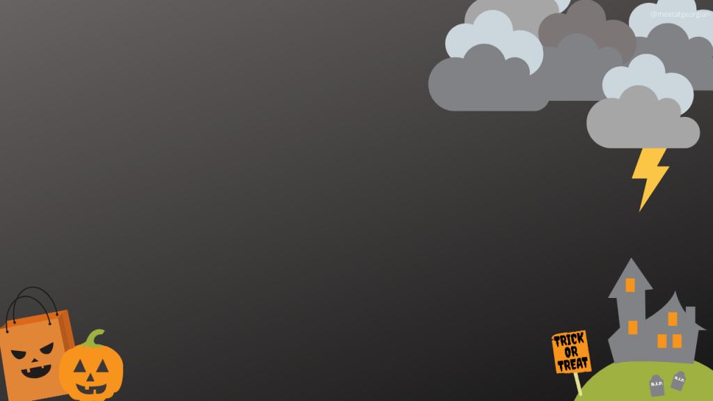 grey background with pumpkins, a haunted house, trick or treat sign and dark clouds with lightening cartoon graphics