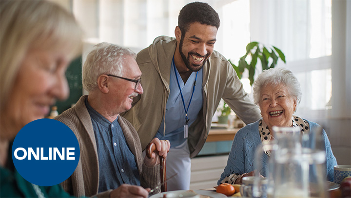 A Therapeutic Recreation student assisting an elderly man with a painting exercise in a care facility