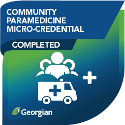 Community Paramedicine Micro-credential - completed badge (featuring an icon of an an ambulance, medical sign and three people)