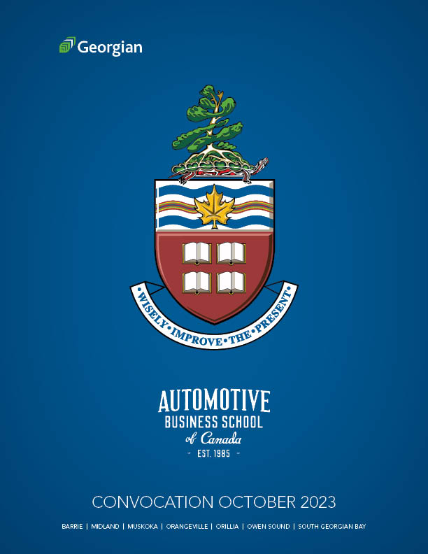 Automotive Business School of Canada Convocation Guide: October 2023 (featuring the Georgian College logo and coat of arms, and Automotive Business School of Canada logo)