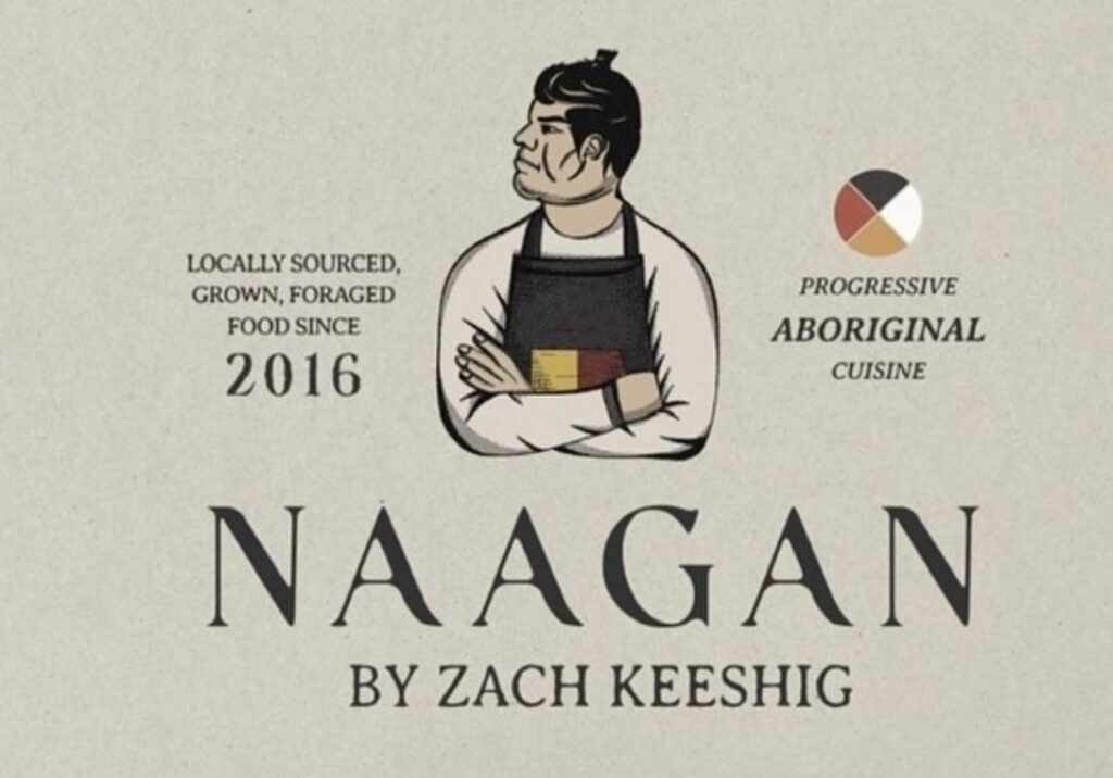 A flyer with a drawing of a person with short, black hair, white shirt and black apron. Text: Naagan by Zach Keeshig. Locally sourced, grown, foraged food since 2016. Progressive Aboriginal Cuisine.
