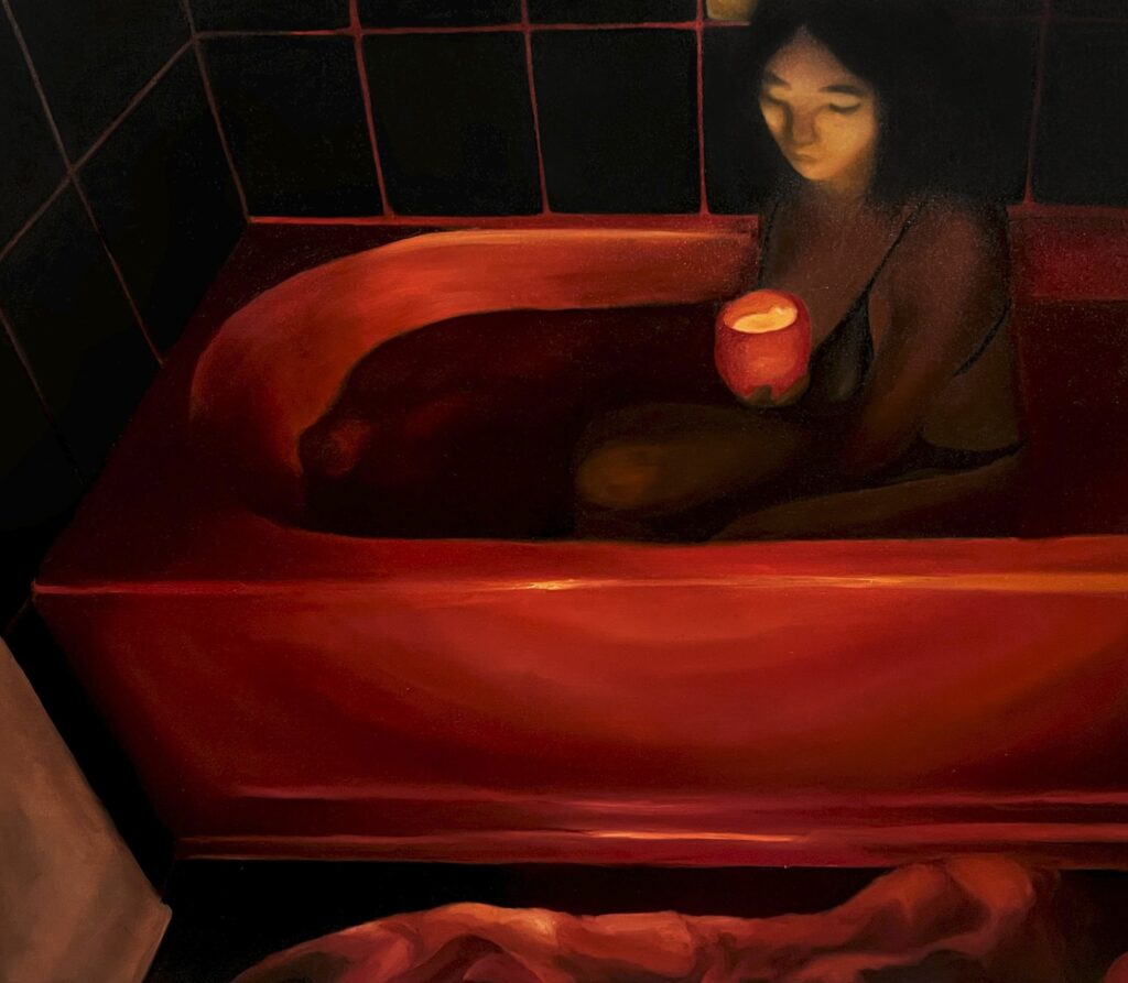 A painting in reds and blacks of a person sitting in a bathtub and holding a candle. 