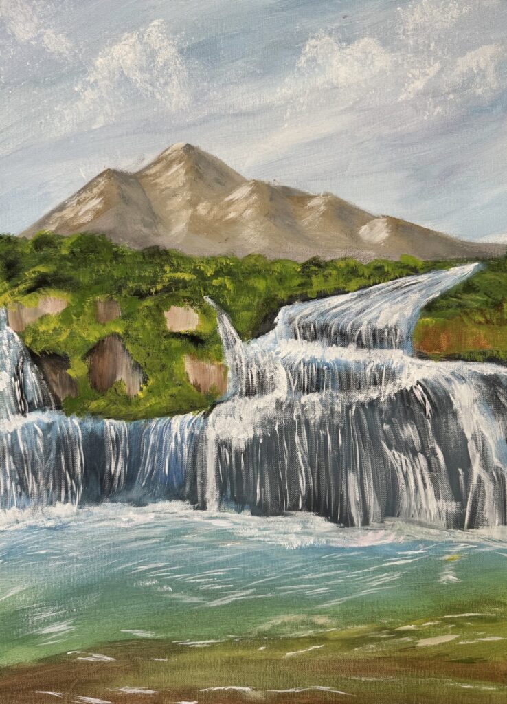 Painting of a wide waterfall flowing down a hillside and into a body of water.