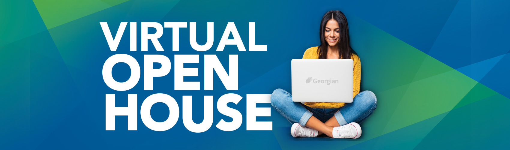 СŶƵ's Virtual Open House, featuring a female student sitting cross-legged using a laptop