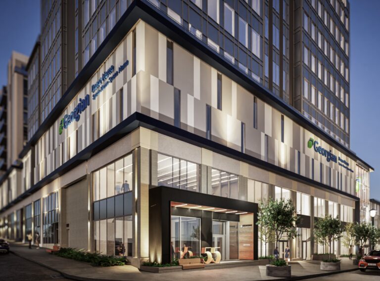 An exterior view of a new building. 