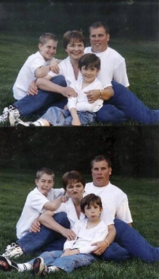 Two images overtop each other, each showing a two adults and two children sitting together outside. The top pose they're smiling and the bottom pose they're making funny faces.