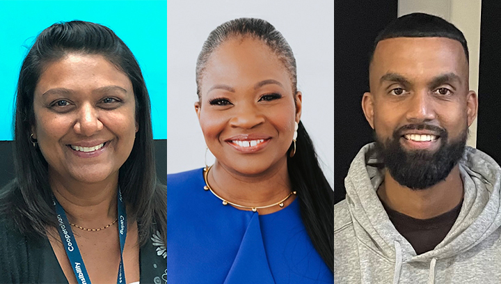 Three Equity, Diversity, Inclusion and Belonging managers' portrait photos. 
