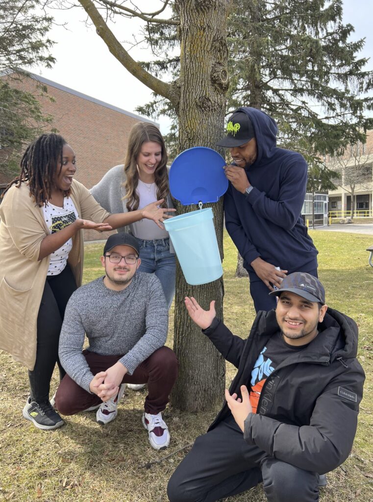 Five people stand or kneel in front of a maple tree and look at a bucket collecting sap.