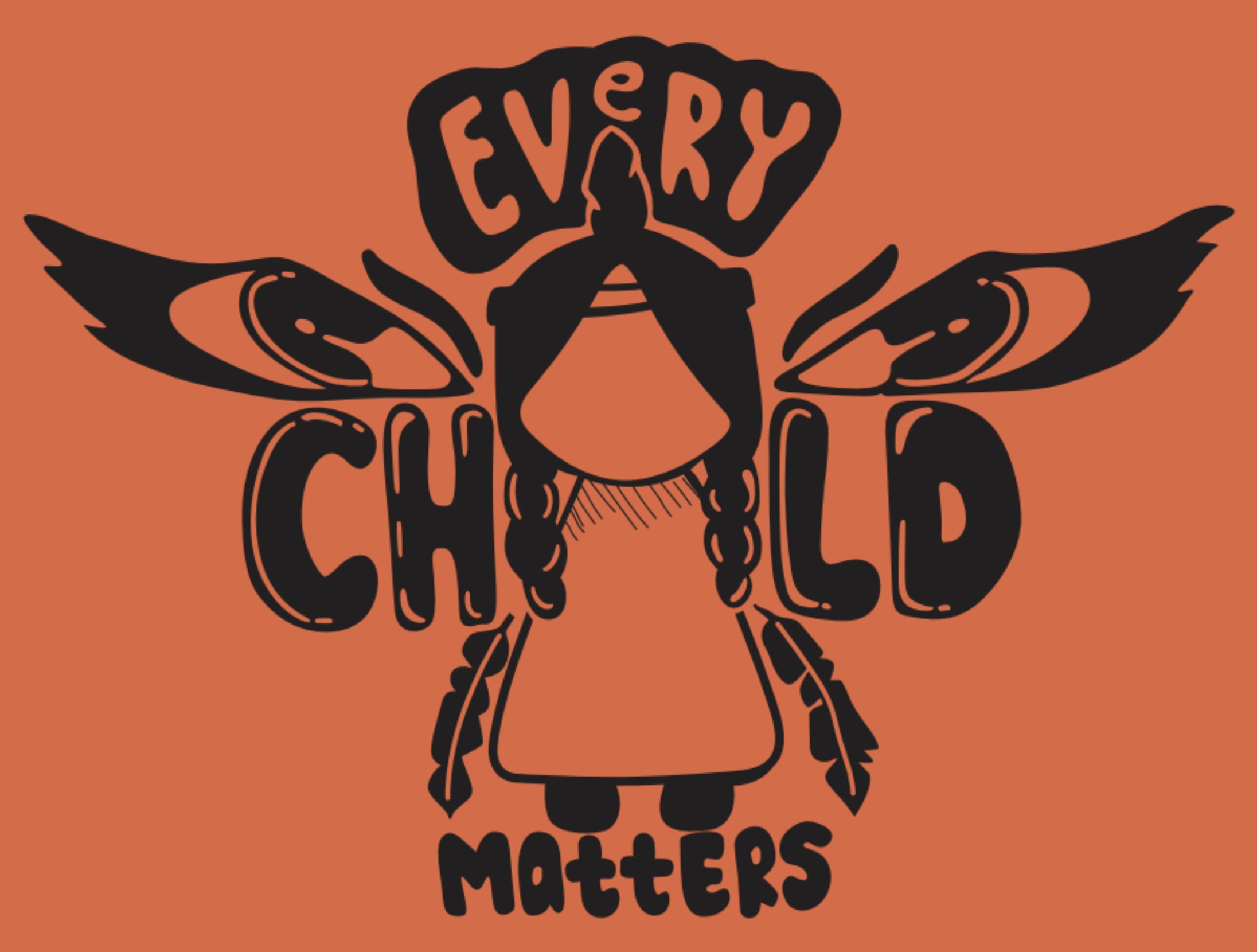 Orange background with a black design. Text reads: Every Child Matters.