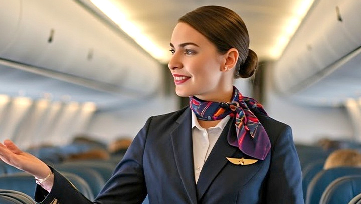 A flight attendant in uniform on a airplane checking the cabin is ready.
