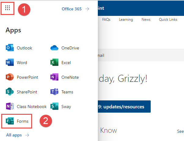 image showing how to use the app launcher to access MS Forms.