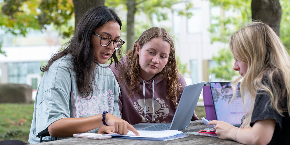 Three students study together outside