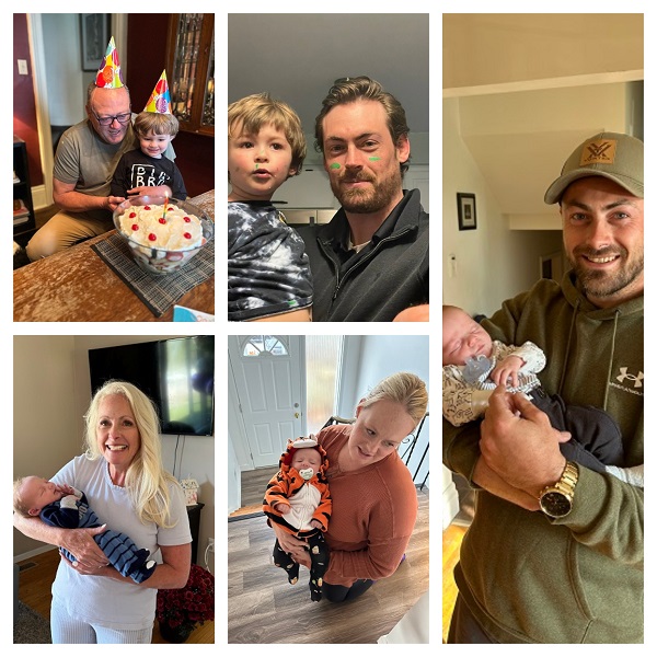 Collage of photos of the Harris family; adults holding babies, Gary helping grandson blow out candles on a cake