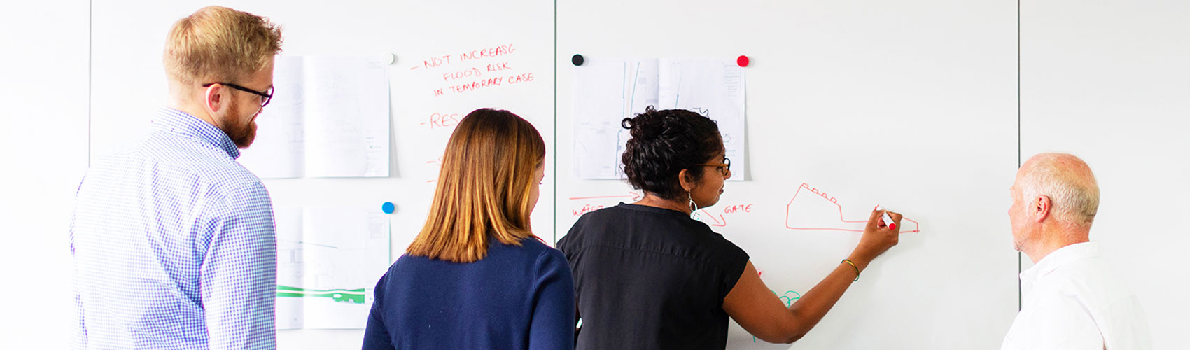 Three people collaborating on a project, using a whiteboard to share ideas with paper and markers