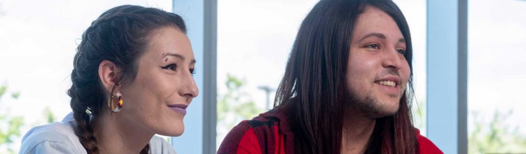 Two Indigenous Studies students at Georgian College in the Indigenous Resource Centre