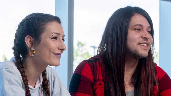 Two Indigenous Studies students at Georgian College in the Indigenous Resource Centre